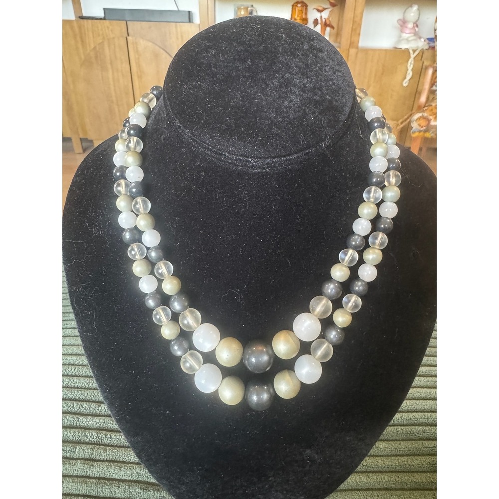 Vintage W Germany Beaded Necklace Two Strand Grayâ White Costume Jewelry